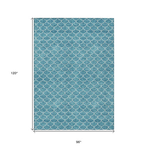HomeRoots 5' Teal Blue and Ivory Geometric Area Rug – Stylish, Washable, Durable for Indoor and Outdoor Use 8' X 10' 596210
