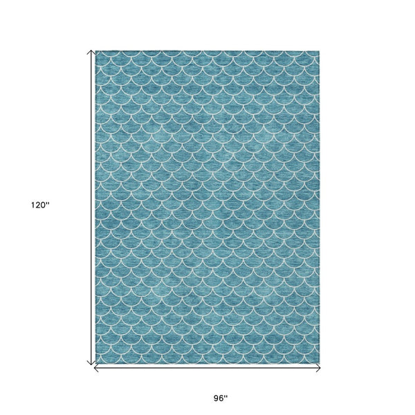 HomeRoots 5' Teal Blue and Ivory Geometric Area Rug – Stylish, Washable, Durable for Indoor and Outdoor Use 8' X 10' 596210