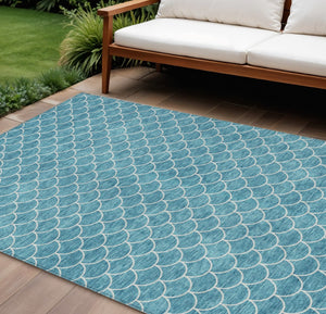 HomeRoots 5' Teal Blue and Ivory Geometric Area Rug – Stylish, Washable, Durable for Indoor and Outdoor Use 8' X 10' 596210