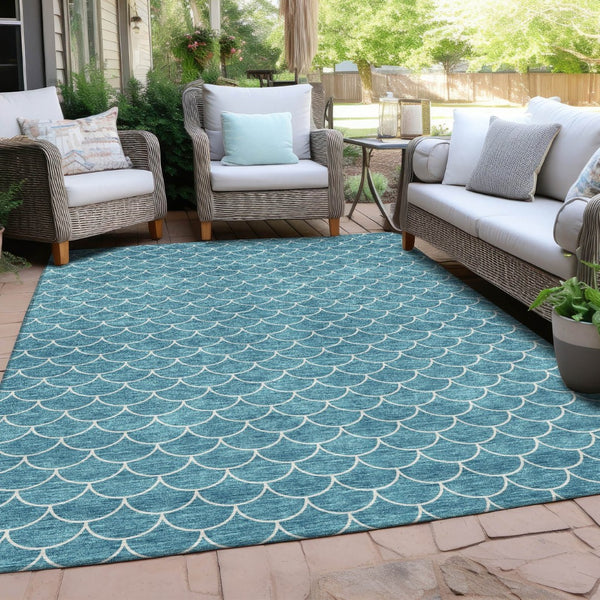 HomeRoots 5' Teal Blue and Ivory Geometric Area Rug – Stylish, Washable, Durable for Indoor and Outdoor Use 8' X 10' 596210