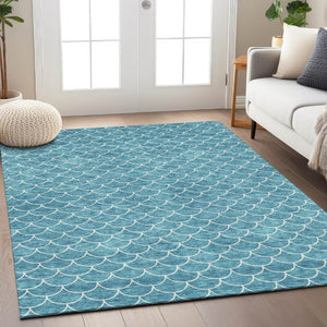 HomeRoots 5' Teal Blue and Ivory Geometric Area Rug – Stylish, Washable, Durable for Indoor and Outdoor Use 8' X 10' 596210