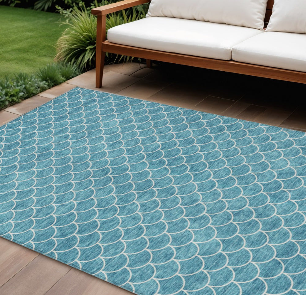 HomeRoots 9' X 12' Teal Blue Geometric Area Rug - Stylish, Washable, Indoor/Outdoor Durability for High-Traffic Spaces 596211