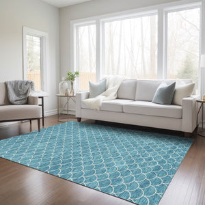 HomeRoots 9' X 12' Teal Blue Geometric Area Rug - Stylish, Washable, Indoor/Outdoor Durability for High-Traffic Spaces 596211