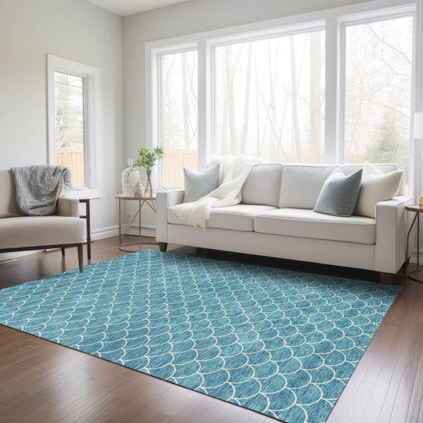 HomeRoots 9' X 12' Teal Blue Geometric Area Rug - Stylish, Washable, Indoor/Outdoor Durability for High-Traffic Spaces 596211