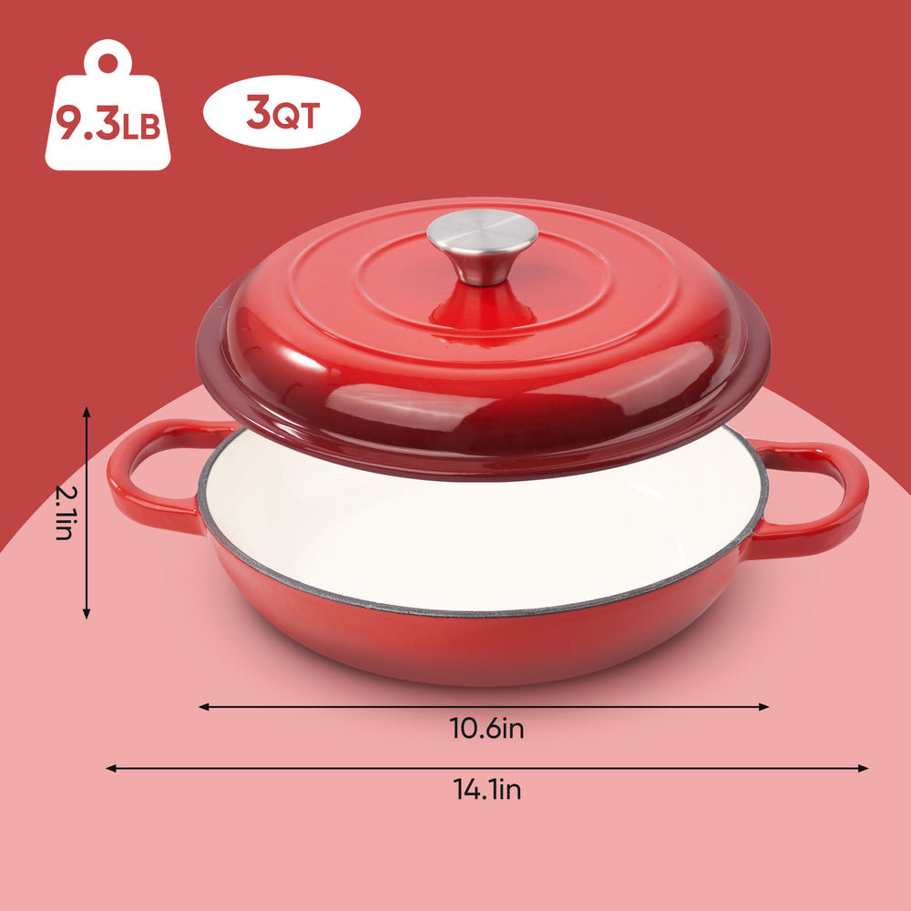 English Elm 3 Quart Enameled Cast Iron Braiser Red – Nonstick Dutch Oven Skillet with Lid, Oven/Grill Safe to 500°F, Even Heat T3950P399256