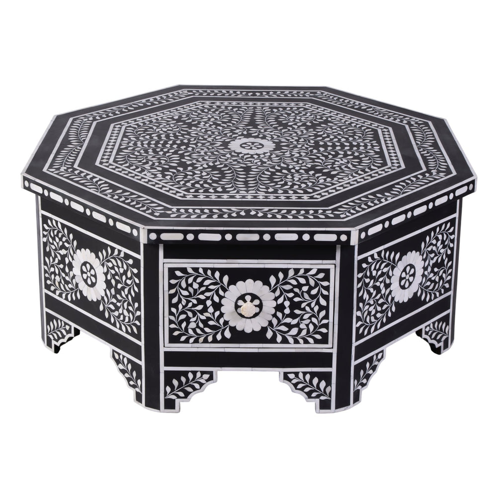 Butler Specialty Butler Octagonal Bone Inlay Coffee Table 40.5" — Handcrafted Black & White Floral Geometric Design, Drawer 5962318