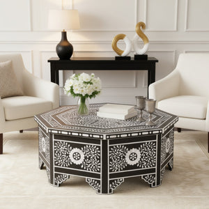 Butler Specialty Butler Octagonal Bone Inlay Coffee Table 40.5" — Handcrafted Black & White Floral Geometric Design, Drawer 5962318