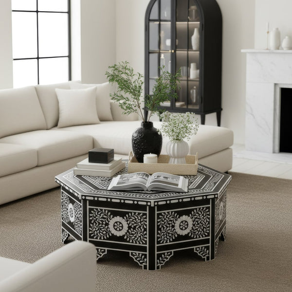 Butler Specialty Butler Octagonal Bone Inlay Coffee Table 40.5" — Handcrafted Black & White Floral Geometric Design, Drawer 5962318