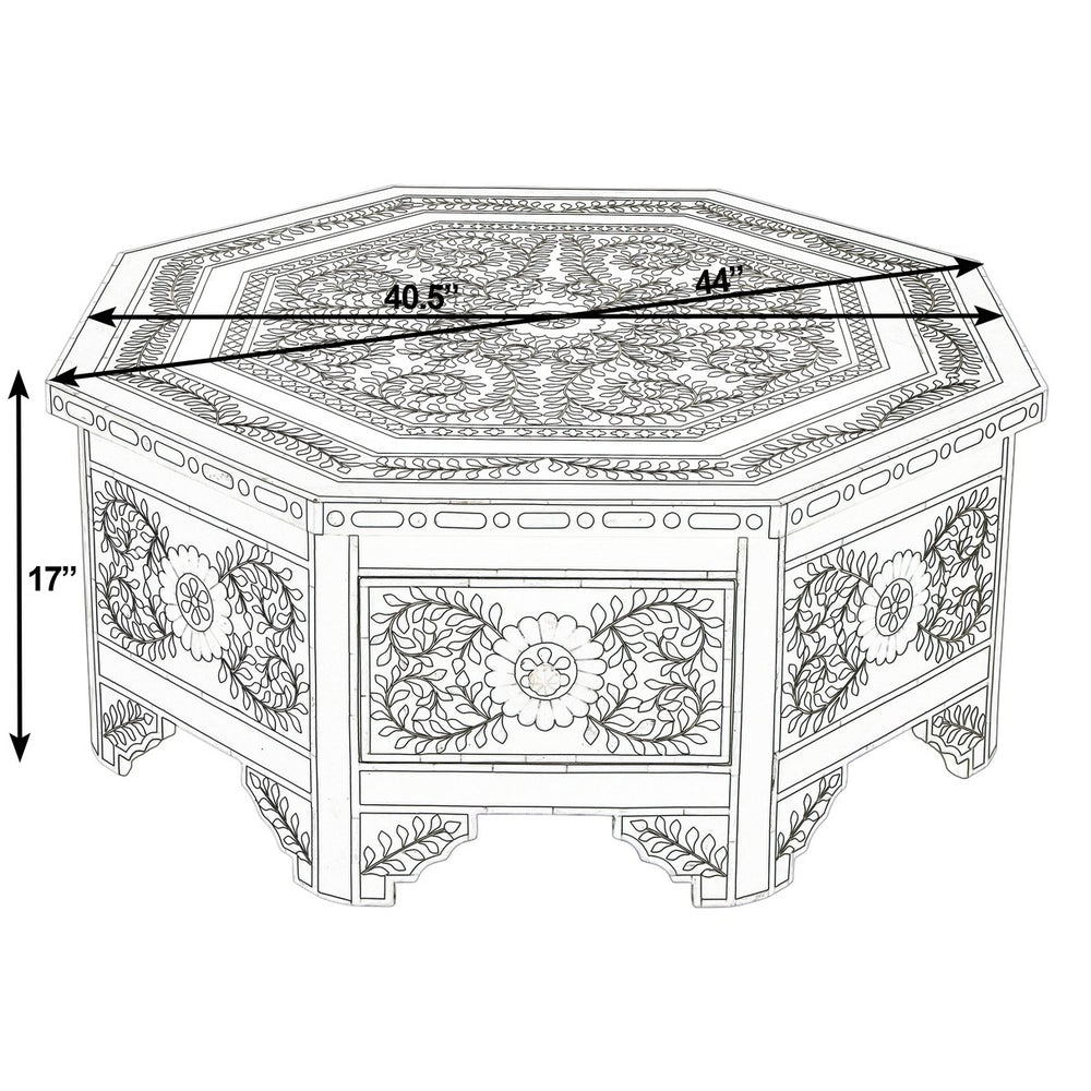 Butler Specialty Butler Octagonal Bone Inlay Coffee Table 40.5" — Handcrafted Black & White Floral Geometric Design, Drawer 5962318