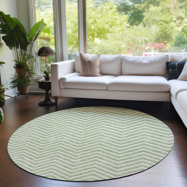 Homeroots 3' Artichoke Green Chevron Indoor Outdoor Area Rug - Stylish, Washable, Durable For High Traffic Areas 8' Round Polyester 596233