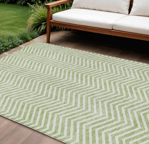 Homeroots 3' Artichoke Green Chevron Indoor Outdoor Area Rug - Stylish, Washable, Durable For High Traffic Areas 10' X 14' Polyester 596236