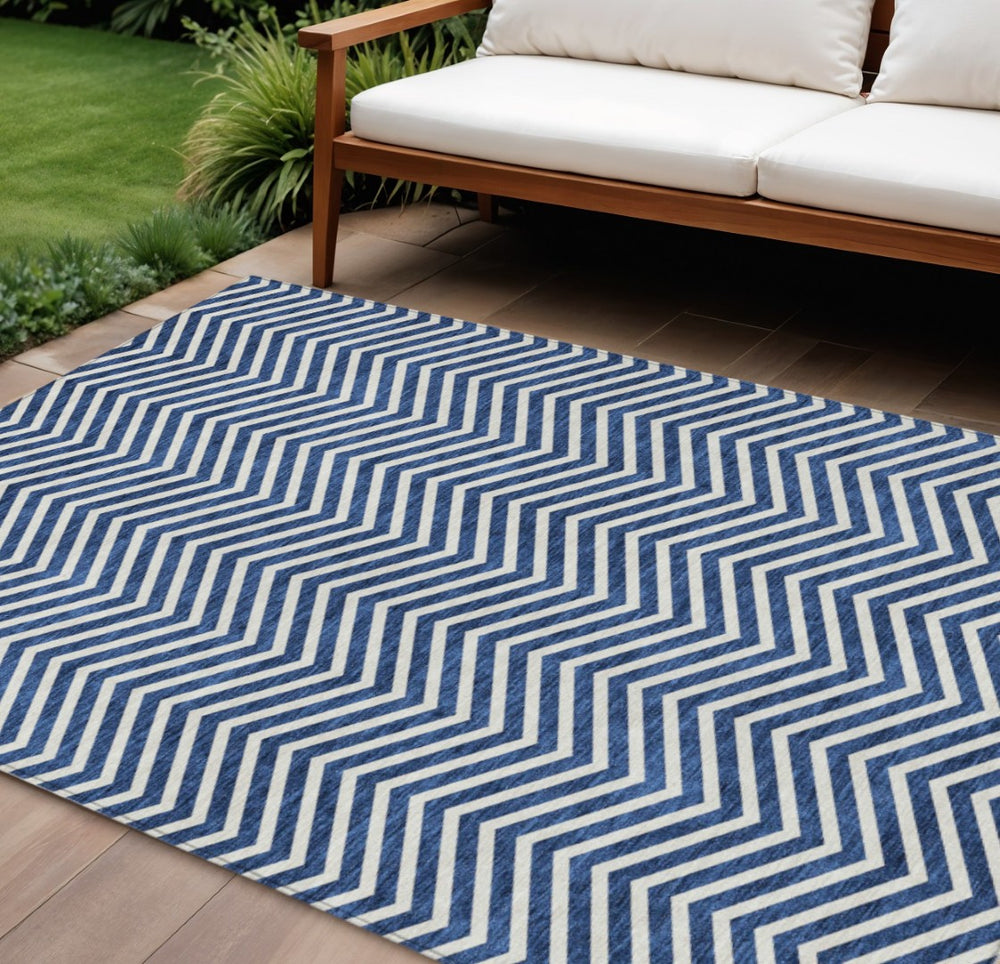 HomeRoots 9' X 12' Stylish Blue and Ivory Chevron Rug – Washable, Durable, Indoor/Outdoor Versatility for Any Space 596259