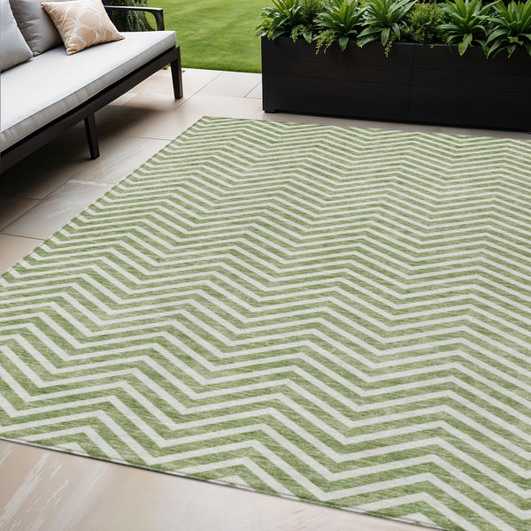 Homeroots 3' Artichoke Green Chevron Indoor Outdoor Area Rug - Stylish, Washable, Durable For High Traffic Areas 5' X 8' Polyester 596262