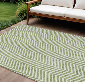 Homeroots 3' Artichoke Green Chevron Indoor Outdoor Area Rug - Stylish, Washable, Durable For High Traffic Areas 10' X 14' Polyester 596266