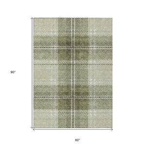 Homeroots 3' Stylish Artichoke Green Brown Ivory Plaid Washable Area Rug For Indoor Outdoor Spaces 5' X 8' Polyester 596304
