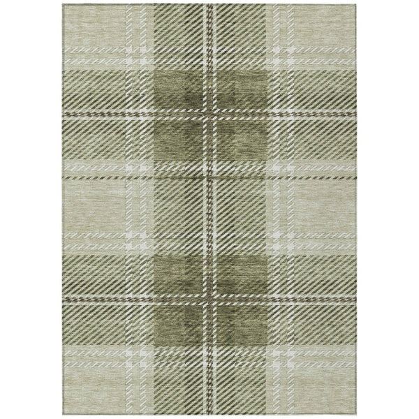 HomeRoots 5' Washable Indoor Outdoor Area Rug in Artichoke Green, Brown & Ivory Plaid for Timeless Style 5' X 8' 596304