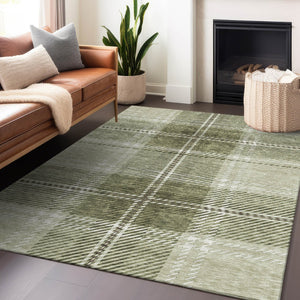 Homeroots 3' Stylish Artichoke Green Brown Ivory Plaid Washable Area Rug For Indoor Outdoor Spaces 5' X 8' Polyester 596304