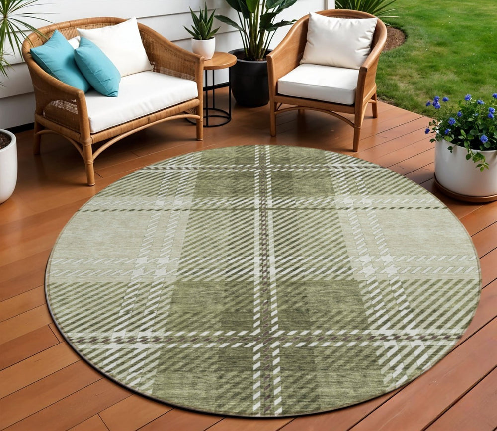HomeRoots 5' Washable Indoor Outdoor Area Rug in Artichoke Green, Brown & Ivory Plaid for Timeless Style 8' Round 596305