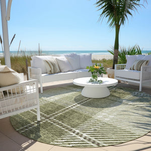 Homeroots 3' Stylish Artichoke Green Brown Ivory Plaid Washable Area Rug For Indoor Outdoor Spaces 8' Round Polyester 596305