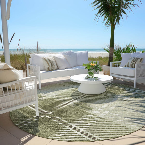 Homeroots 3' Stylish Artichoke Green Brown Ivory Plaid Washable Area Rug For Indoor Outdoor Spaces 8' Round Polyester 596305