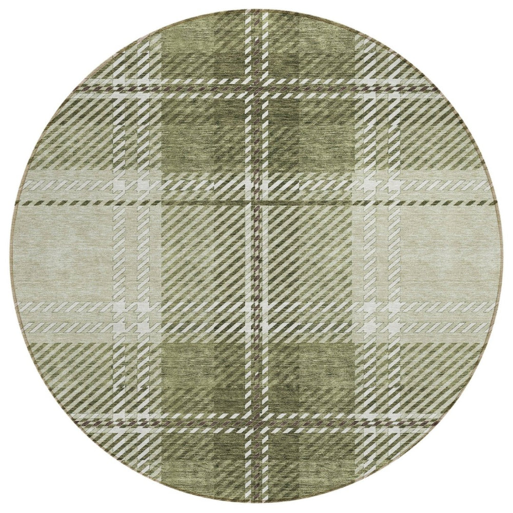 HomeRoots 5' Washable Indoor Outdoor Area Rug in Artichoke Green, Brown & Ivory Plaid for Timeless Style 8' Round 596305