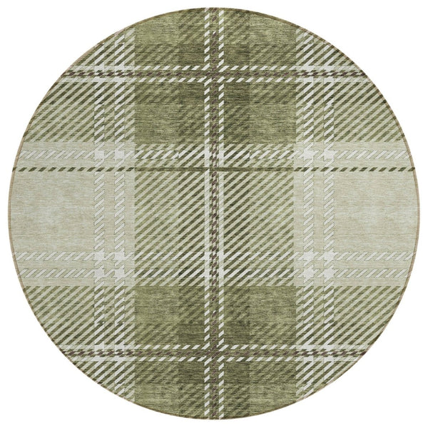 HomeRoots 5' Washable Indoor Outdoor Area Rug in Artichoke Green, Brown & Ivory Plaid for Timeless Style 8' Round 596305