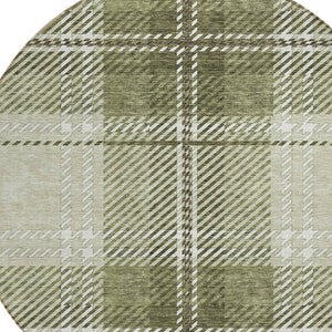 Homeroots 3' Stylish Artichoke Green Brown Ivory Plaid Washable Area Rug For Indoor Outdoor Spaces 8' Round Polyester 596305