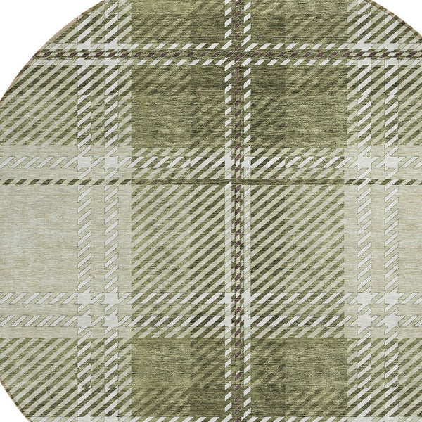 Homeroots 3' Stylish Artichoke Green Brown Ivory Plaid Washable Area Rug For Indoor Outdoor Spaces 8' Round Polyester 596305