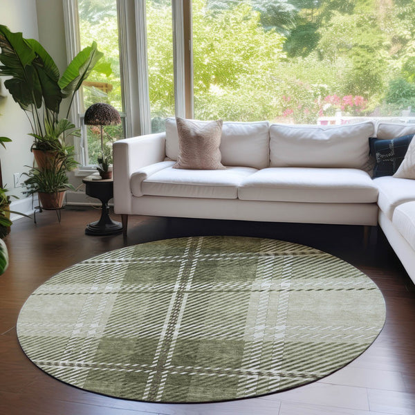 Homeroots 3' Stylish Artichoke Green Brown Ivory Plaid Washable Area Rug For Indoor Outdoor Spaces 8' Round Polyester 596305