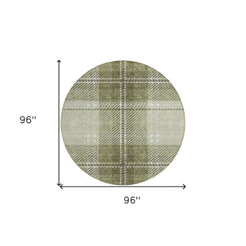 Homeroots 3' Stylish Artichoke Green Brown Ivory Plaid Washable Area Rug For Indoor Outdoor Spaces 8' Round Polyester 596305