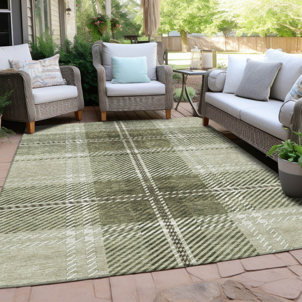Homeroots 3' Stylish Artichoke Green Brown Ivory Plaid Washable Area Rug For Indoor Outdoor Spaces 8' X 10' Polyester 596306