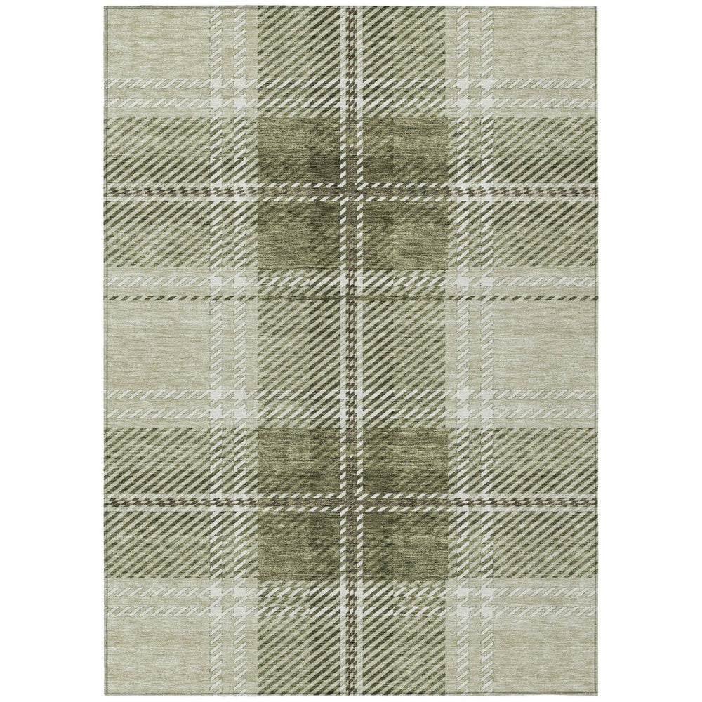 HomeRoots 9' X 12' Washable Plaid Area Rug in Artichoke Green, Brown & Ivory - Indoor/Outdoor Versatility! 596307