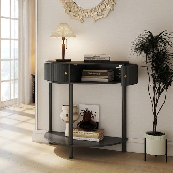 English Elm Artisan-crafted Demi-lune Console Sculptural Wave Drawers Vanilla Lacquer Hallway Accent Dark Gray W2557P329371