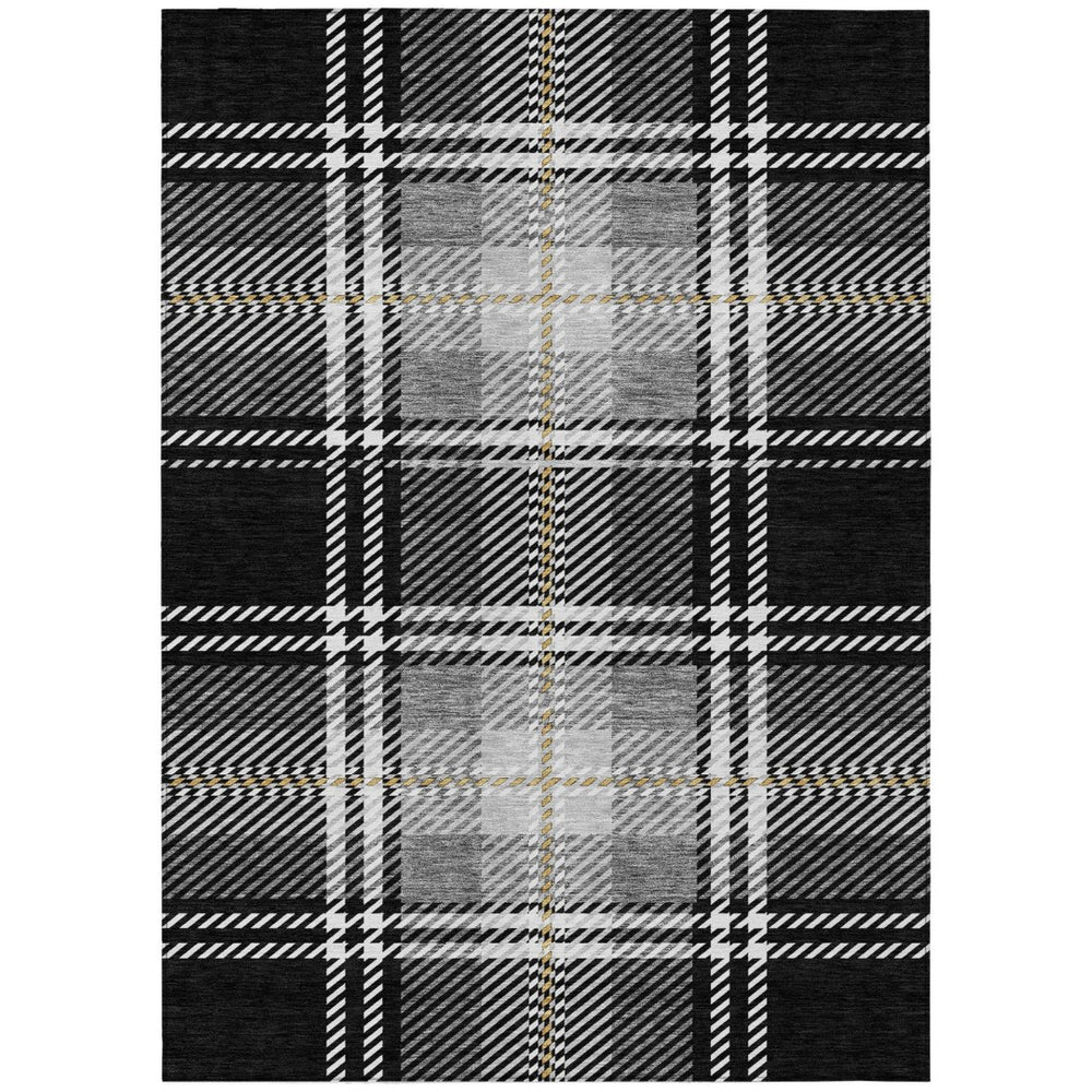 HomeRoots 5' Stylish Black Gold and Gray Plaid Indoor Outdoor Area Rug - Durable, Washable, and Versatile Design 5' X 8' 596310