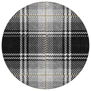 HomeRoots 5' Stylish Black Gold and Gray Plaid Indoor Outdoor Area Rug - Durable, Washable, and Versatile Design 8' Round 596311