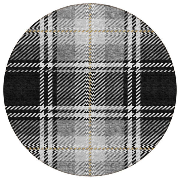 HomeRoots 5' Stylish Black Gold and Gray Plaid Indoor Outdoor Area Rug - Durable, Washable, and Versatile Design 8' Round 596311