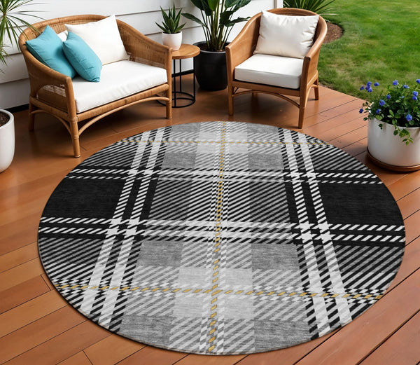 Homeroots 3' Stylish Artichoke Green Brown Ivory Plaid Washable Area Rug For Indoor Outdoor Spaces 8' Round Polyester 596311