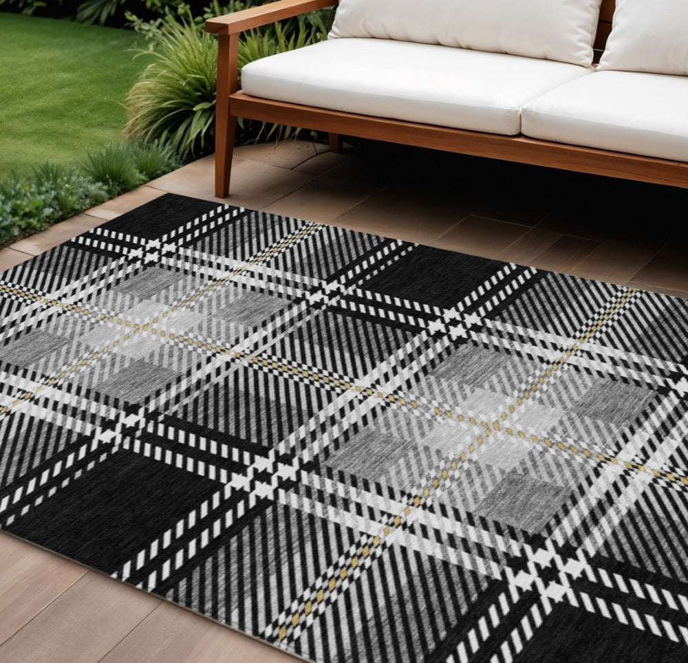 HomeRoots 9' X 12' Stylish Black, Gold & Gray Plaid Washable Area Rug for Indoor & Outdoor Use - Durable & Chic! 596313