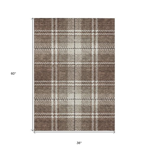 Homeroots 3' Stylish Artichoke Green Brown Ivory Plaid Washable Area Rug For Indoor Outdoor Spaces 3' X 5' Polyester 596315