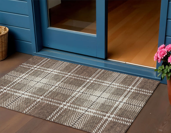 Homeroots 3' Stylish Artichoke Green Brown Ivory Plaid Washable Area Rug For Indoor Outdoor Spaces 3' X 5' Polyester 596315