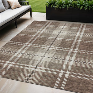 HomeRoots 5' Washable Indoor Outdoor Area Rug with Classic Brown, Black and Ivory Plaid for Durable Style 5' X 8' 596316