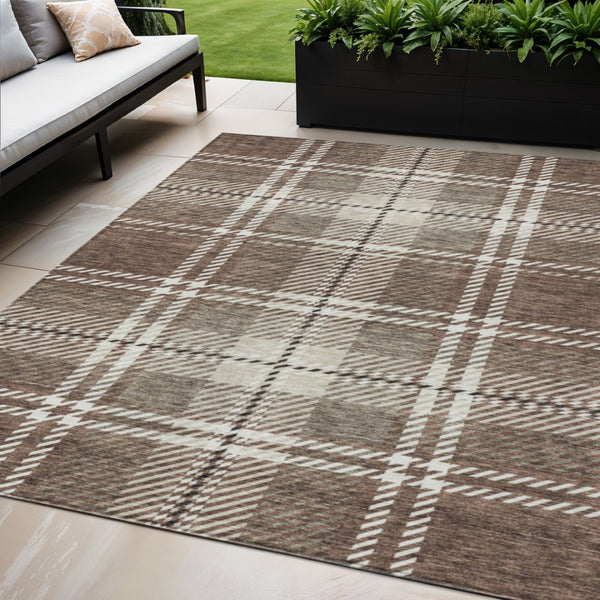 HomeRoots 5' Washable Indoor Outdoor Area Rug with Classic Brown, Black and Ivory Plaid for Durable Style 5' X 8' 596316