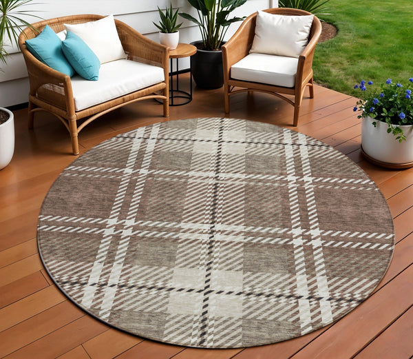 Homeroots 3' Stylish Artichoke Green Brown Ivory Plaid Washable Area Rug For Indoor Outdoor Spaces 8' Round Polyester 596317