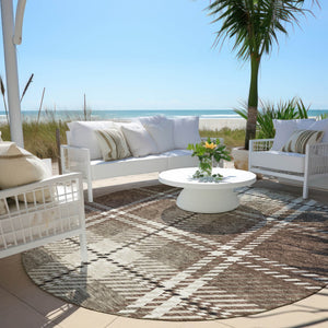 Homeroots 3' Stylish Artichoke Green Brown Ivory Plaid Washable Area Rug For Indoor Outdoor Spaces 8' Round Polyester 596317