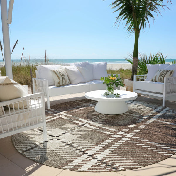 Homeroots 3' Stylish Artichoke Green Brown Ivory Plaid Washable Area Rug For Indoor Outdoor Spaces 8' Round Polyester 596317