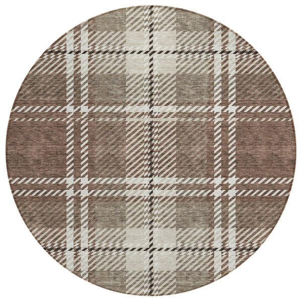 HomeRoots 5' Washable Indoor Outdoor Area Rug with Classic Brown, Black and Ivory Plaid for Durable Style 8' Round 596317