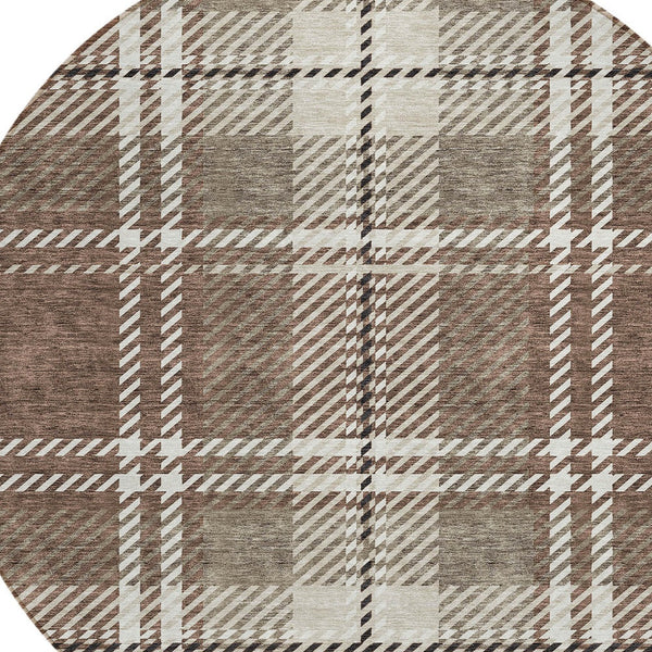 Homeroots 3' Stylish Artichoke Green Brown Ivory Plaid Washable Area Rug For Indoor Outdoor Spaces 8' Round Polyester 596317