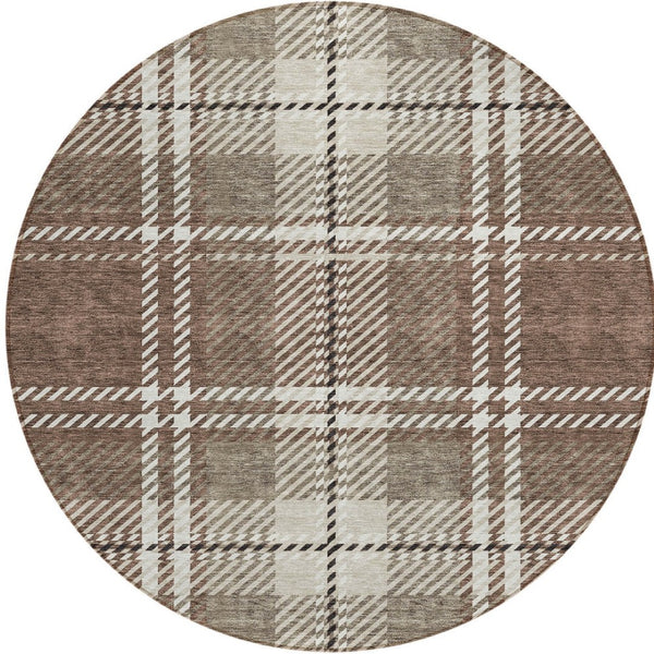 Homeroots 3' Stylish Artichoke Green Brown Ivory Plaid Washable Area Rug For Indoor Outdoor Spaces 8' Round Polyester 596317