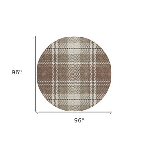 Homeroots 3' Stylish Artichoke Green Brown Ivory Plaid Washable Area Rug For Indoor Outdoor Spaces 8' Round Polyester 596317