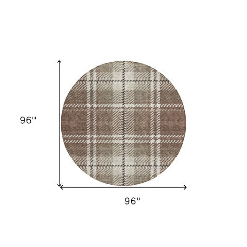 Homeroots 3' Stylish Artichoke Green Brown Ivory Plaid Washable Area Rug For Indoor Outdoor Spaces 8' Round Polyester 596317